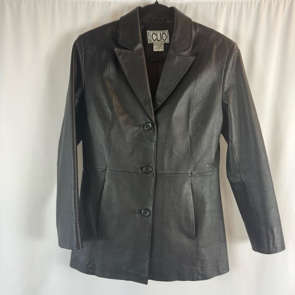 CLIO 100% Leather Jacket Black 
Collared Buttons Pockets Lined Size:8 - Picture 1 of 10